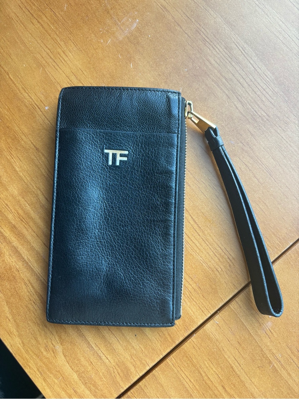 Tom Ford Black Leather Wristlet with Gold TF Emblem